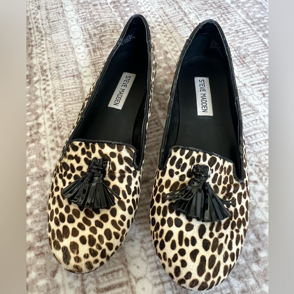Steve Madden Women's Leopard Tassel Loafers 7.5- Black and Brown